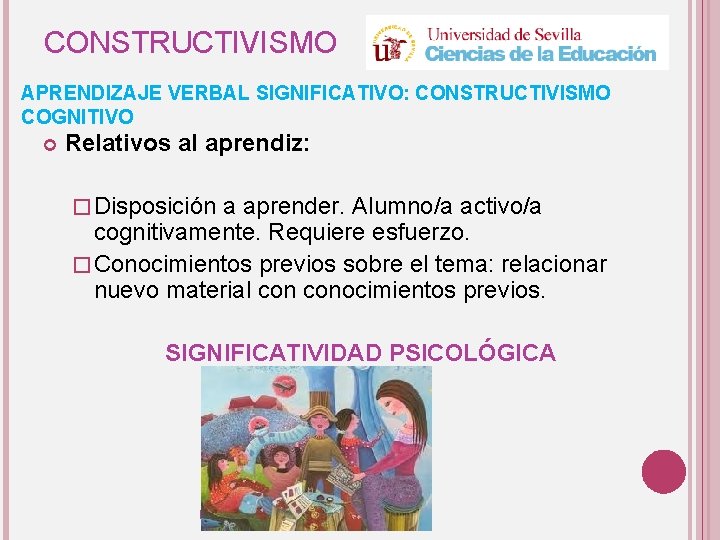 CONSTRUCTIVISMO APRENDIZAJE VERBAL SIGNIFICATIVO: CONSTRUCTIVISMO COGNITIVO Relativos al aprendiz: � Disposición a aprender. Alumno/a