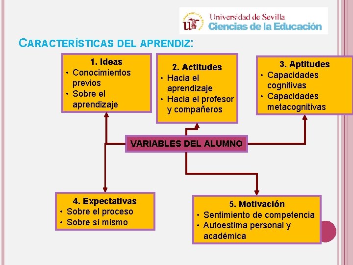 CARACTERÍSTICAS DEL APRENDIZ: 1. Ideas • Conocimientos previos • Sobre el aprendizaje 2. Actitudes