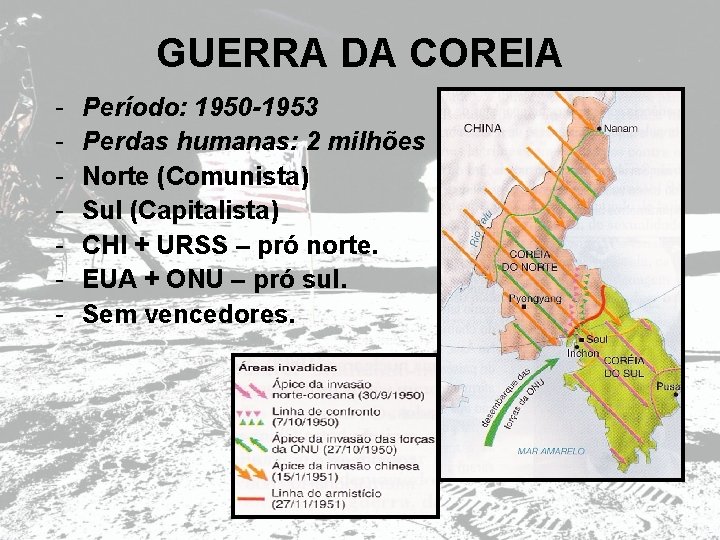 GUERRA DA COREIA - Período: 1950 -1953 Perdas humanas: 2 milhões Norte (Comunista) Sul
