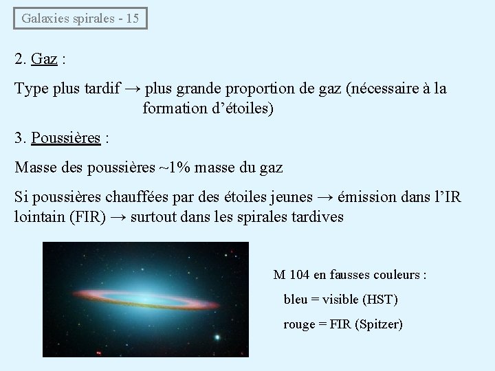  Galaxies spirales - 15 2. Gaz : Type plus tardif → plus grande