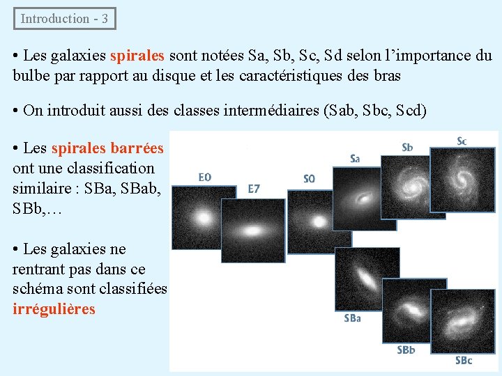  Introduction - 3 • Les galaxies spirales sont notées Sa, Sb, Sc, Sd