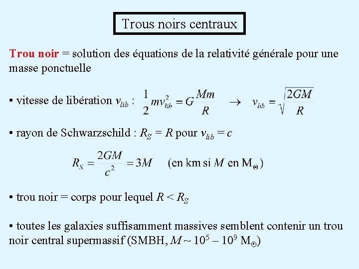  Trous noirs centraux Trou noir = solution des équations de la relativité générale