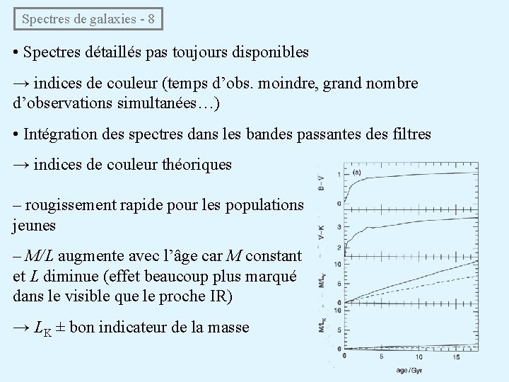  Spectres de galaxies - 8 • Spectres détaillés pas toujours disponibles → indices