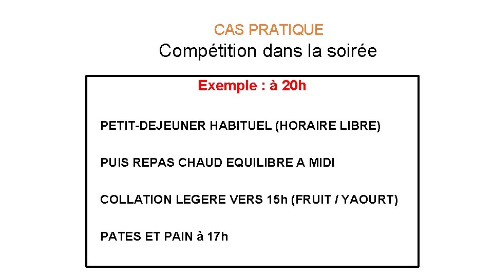  CAS PRATIQUE Compétition dans la soirée Exemple : à 20 h PETIT-DEJEUNER HABITUEL