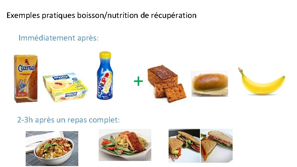 Exemples pratiques boisson/nutrition de récupération Immédiatement après: + 2 -3 h après un repas