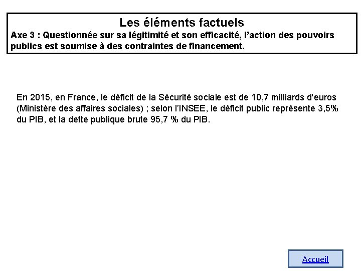 Les éléments factuels Axe 3 : Questionnée sur sa légitimité et son efficacité, l’action