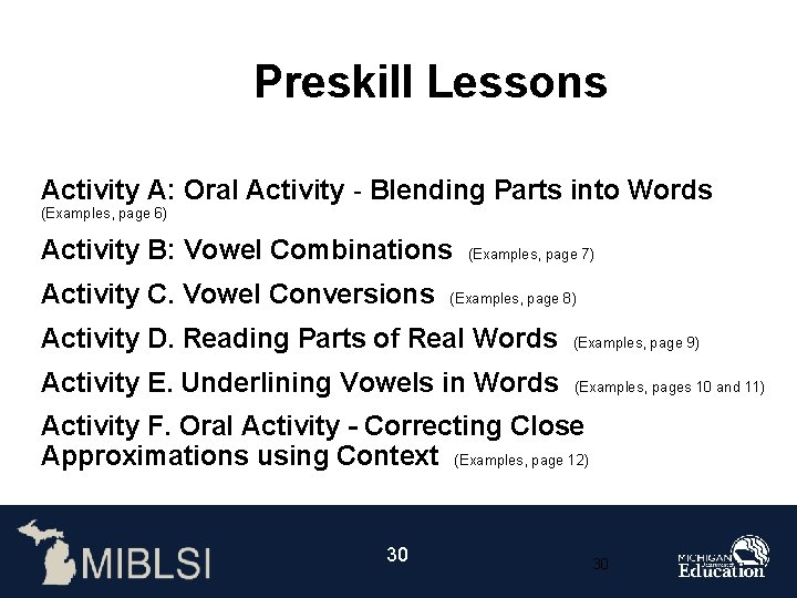 Preskill Lessons Activity A: Oral Activity - Blending Parts into Words (Examples, page 6)