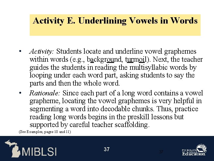 Activity E. Underlining Vowels in Words • • Activity: Students locate and underline vowel