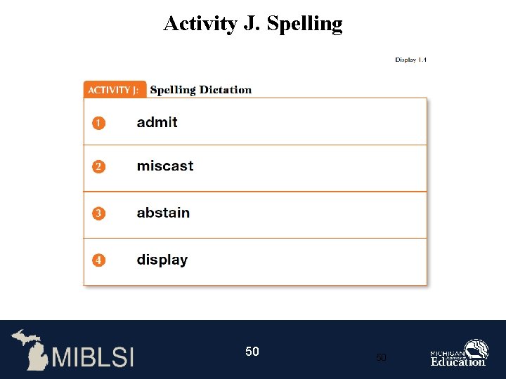 Activity J. Spelling 50 50 