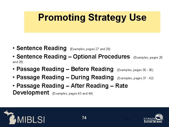 Promoting Strategy Use • Sentence Reading (Examples, pages 27 and 28) • Sentence Reading