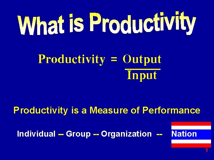 Productivity = Output Input Productivity is a Measure of Performance Individual -- Group --
