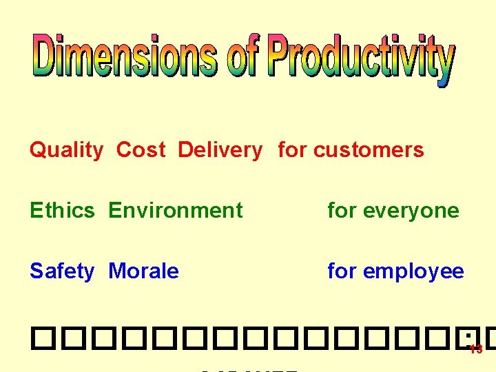 Quality Cost Delivery for customers Ethics Environment for everyone Safety Morale for employee ��������