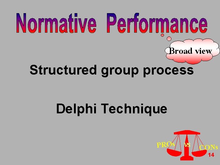 Broad view Structured group process Delphi Technique PROs VS CONs 14 