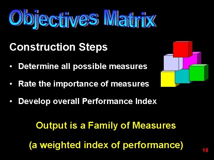 Construction Steps • Determine all possible measures • Rate the importance of measures •