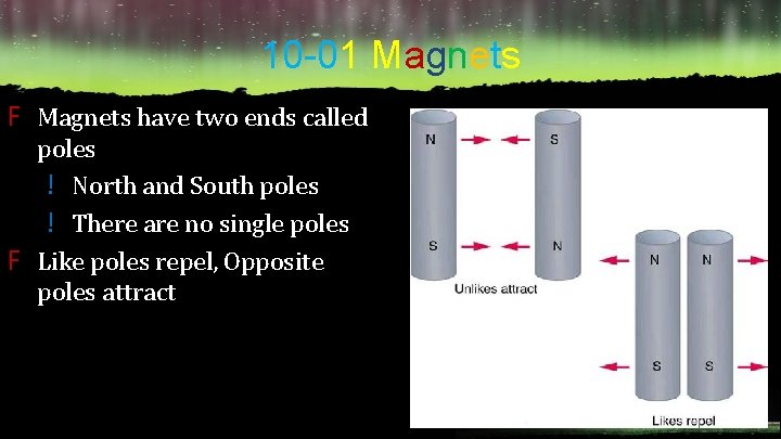 10 -01 Magnets F Magnets have two ends called poles ! North and South