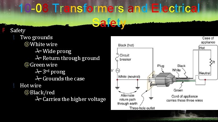 F 10 -08 Transformers and Electrical Safety ! Two grounds @White wire Wide prong