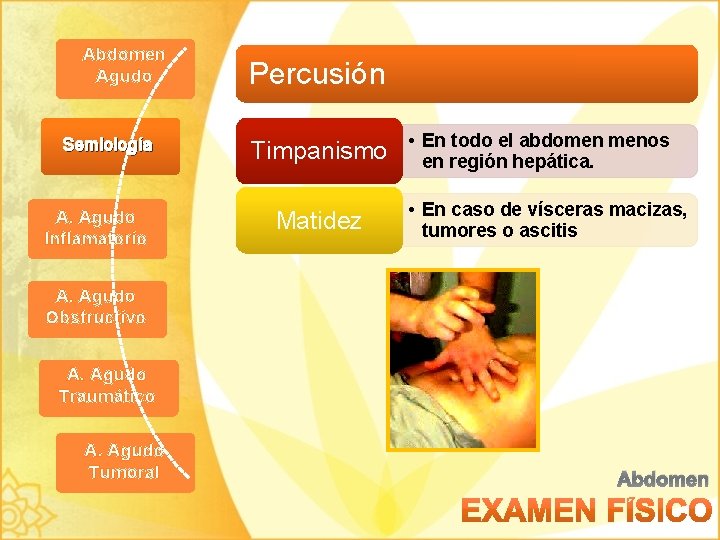 Abdomen Agudo Semiología A. Agudo Inflamatorio Percusión Timpanismo Matidez • En todo el abdomen