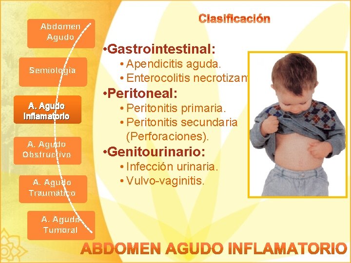 Abdomen Agudo Semiología • Gastrointestinal: • Apendicitis aguda. • Enterocolitis necrotizante. • Peritoneal: A.