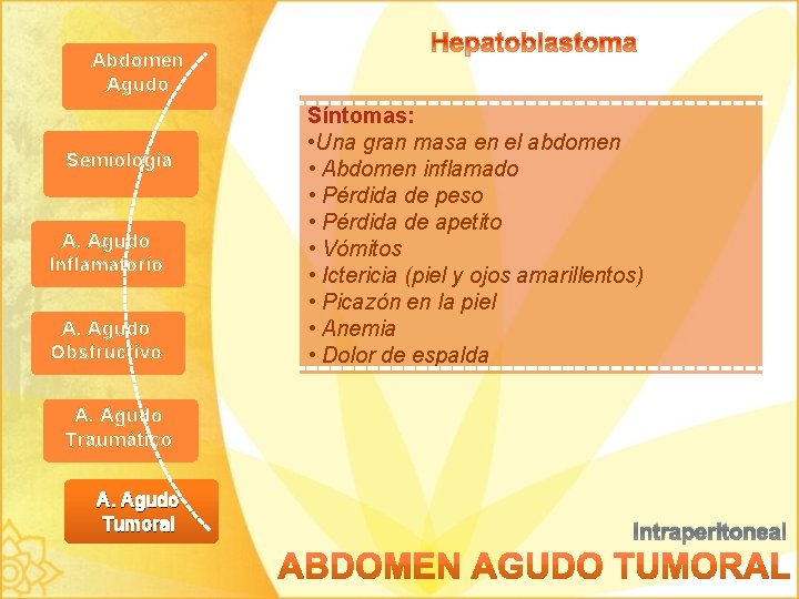 Abdomen Agudo Semiología A. Agudo Inflamatorio A. Agudo Obstructivo Síntomas: • Una gran masa