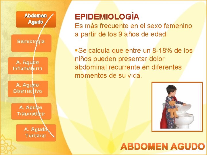Abdomen Agudo EPIDEMIOLOGÍA Es más frecuente en el sexo femenino a partir de los