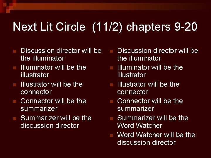 Next Lit Circle (11/2) chapters 9 -20 n n n Discussion director will be