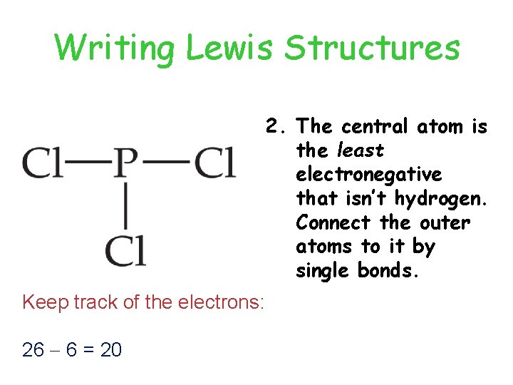 Writing Lewis Structures 2. The central atom is the least electronegative that isn’t hydrogen. Writing Lewis Structures 2. The central atom is the least electronegative that isn’t hydrogen.
