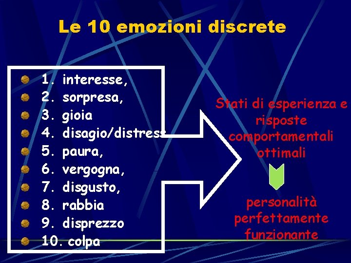 Le 10 emozioni discrete 1. interesse, 2. sorpresa, 3. gioia 4. disagio/distress 5. paura, Le 10 emozioni discrete 1. interesse, 2. sorpresa, 3. gioia 4. disagio/distress 5. paura,