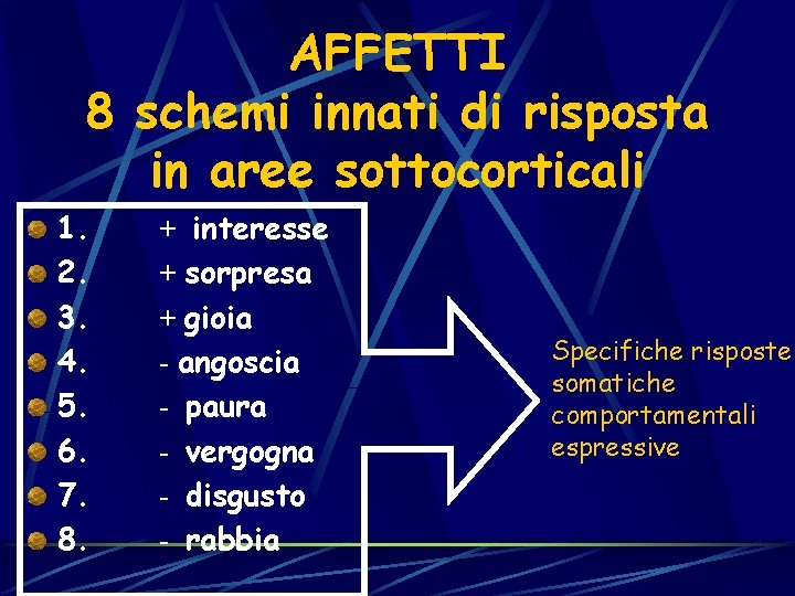AFFETTI 8 schemi innati di risposta in aree sottocorticali 1. + interesse 2. + AFFETTI 8 schemi innati di risposta in aree sottocorticali 1. + interesse 2. +