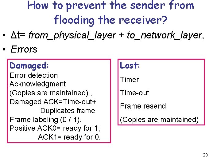 How to prevent the sender from flooding the receiver? • Δt= from_physical_layer + to_network_layer,