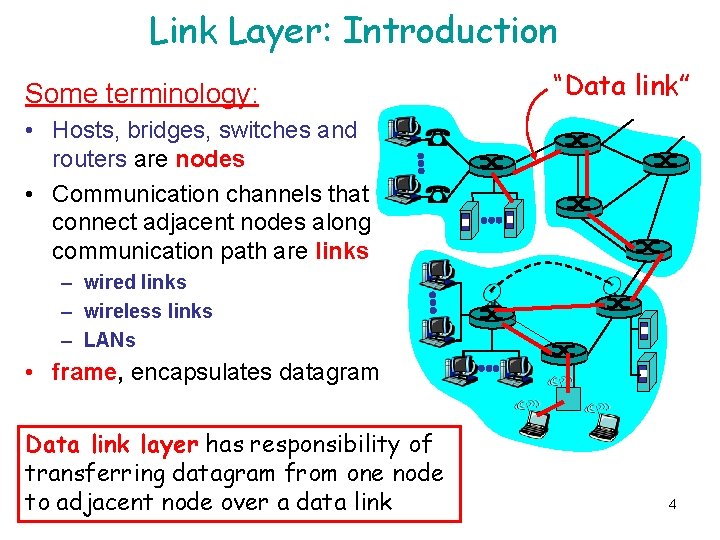 Link Layer: Introduction Some terminology: “Data link” • Hosts, bridges, switches and routers are