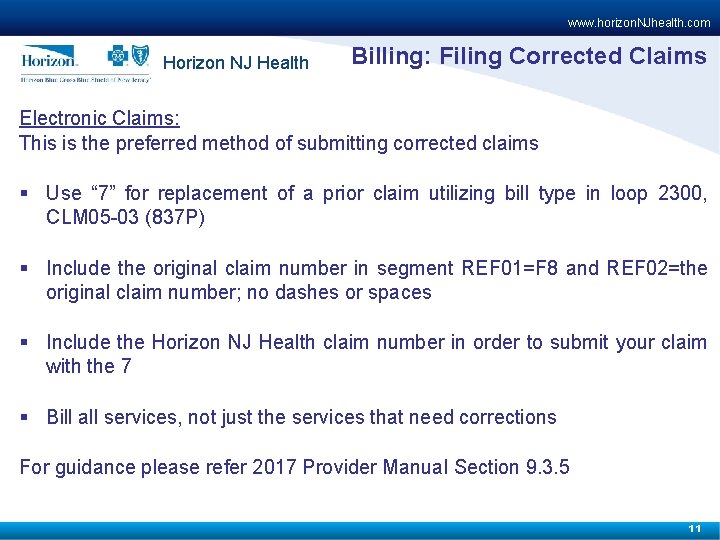 www. horizon. NJhealth. com Horizon NJ Health Billing: Filing Corrected Claims Electronic Claims: This