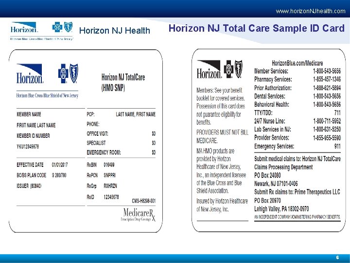 www. horizon. NJhealth. com Horizon NJ Health Horizon NJ Total Care Sample ID Card