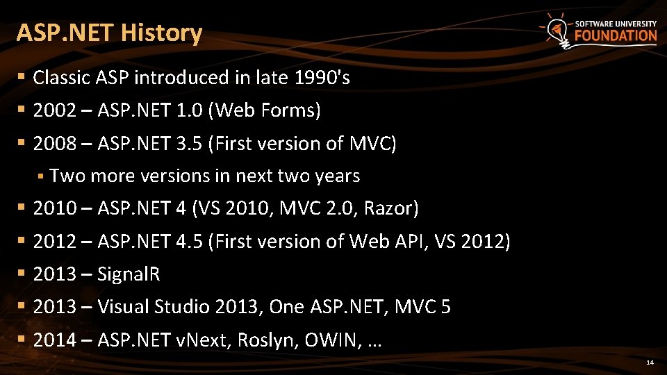 ASP. NET History § Classic ASP introduced in late 1990's § 2002 – ASP.