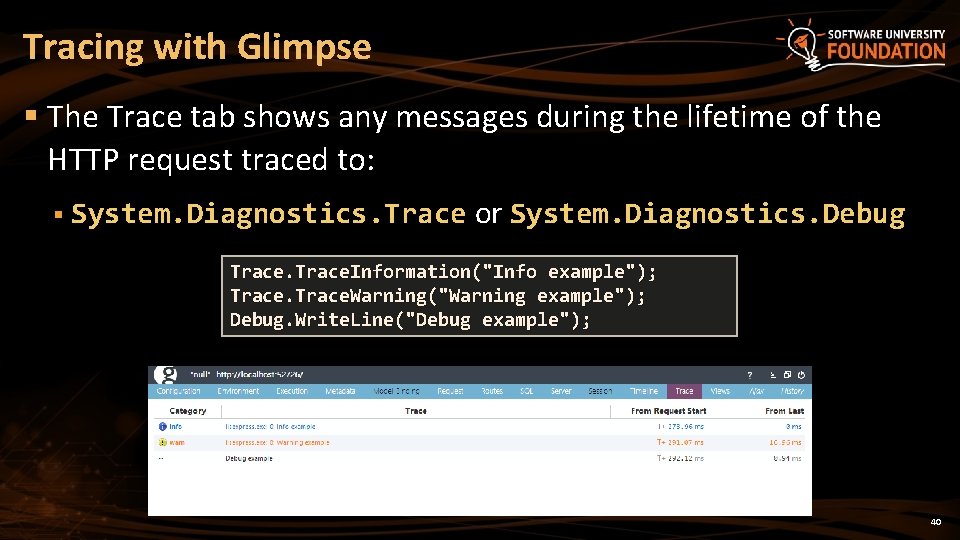 Tracing with Glimpse § The Trace tab shows any messages during the lifetime of