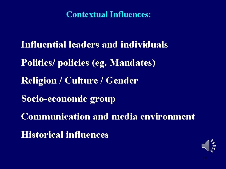 Contextual Influences: Influential leaders and individuals Politics/ policies (eg. Mandates) Religion / Culture / Contextual Influences: Influential leaders and individuals Politics/ policies (eg. Mandates) Religion / Culture /