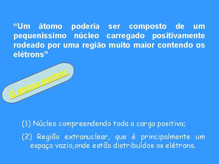 “Um átomo poderia ser composto de um pequeníssimo núcleo carregado positivamente rodeado por uma “Um átomo poderia ser composto de um pequeníssimo núcleo carregado positivamente rodeado por uma