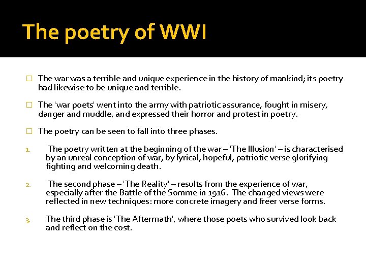 The poetry of WWI � The war was a terrible and unique experience in