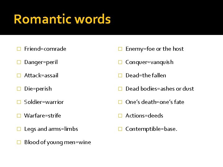 Romantic words � Friend=comrade � Enemy=foe or the host � Danger=peril � Conquer=vanquish �