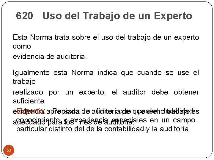 620 Uso del Trabajo de un Experto Esta Norma trata sobre el uso del