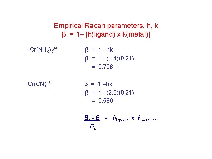Empirical Racah parameters, h, k β = 1– [h(ligand) x k(metal)] Cr(NH 3)63+ β