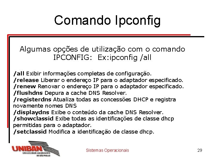 Comando Ipconfig Algumas opções de utilização comando IPCONFIG: Ex: ipconfig /all Exibir informações completas