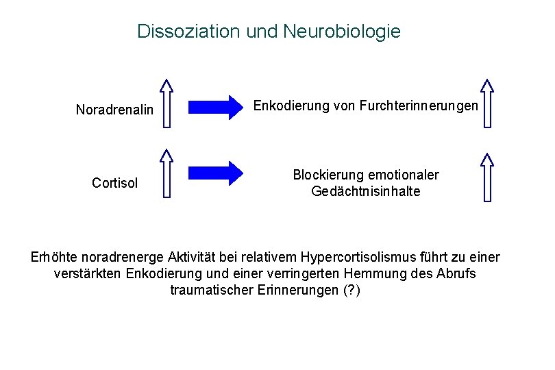 Dissoziation und Neurobiologie Noradrenalin Enkodierung von Furchterinnerungen Cortisol Blockierung emotionaler Gedächtnisinhalte Erhöhte noradrenerge Aktivität