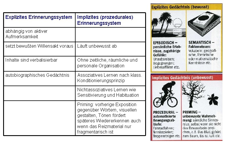 Explizites Erinnerungssystem Implizites (prozedurales) Erinnerungssystem abhängig von aktiver Aufmerksamkeit setzt bewußten Willensakt voraus Läuft