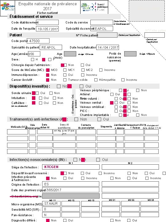 Enquête nationale de prévalence 2017 Etiquette patient Fiche patient Établissement et service Code interne