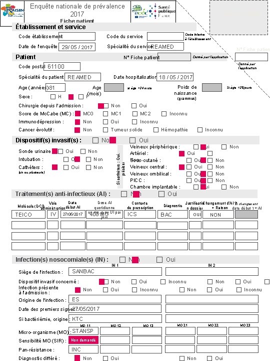 Enquête nationale de prévalence 2017 Etiquette patient Fiche patient Établissement et service Code interne