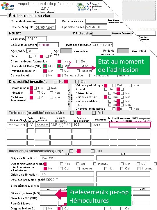 Enquête nationale de prévalence 2017 Etiquette patient Fiche patient Établissement et service Code interne