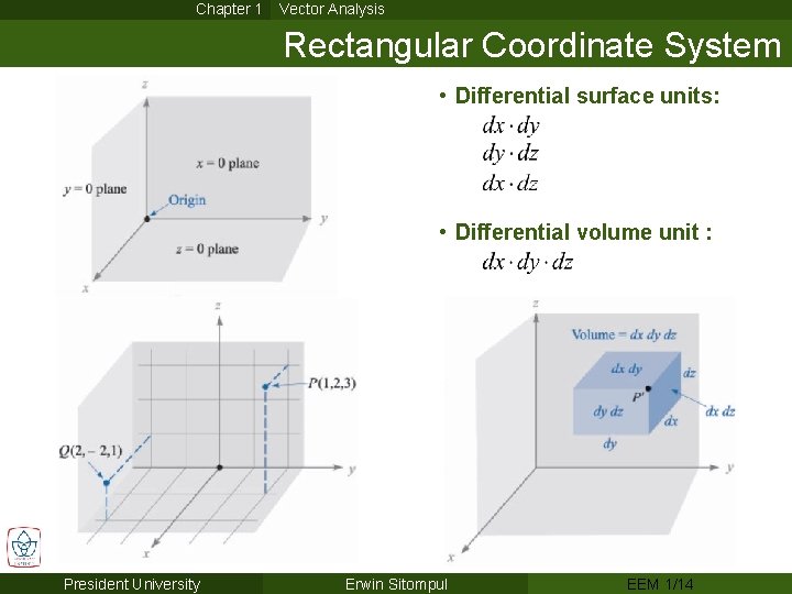 Chapter 1 Vector Analysis Rectangular Coordinate System • Differential surface units: • Differential volume