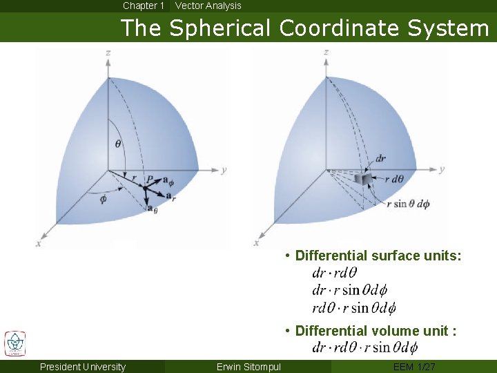 Chapter 1 Vector Analysis The Spherical Coordinate System • Differential surface units: • Differential