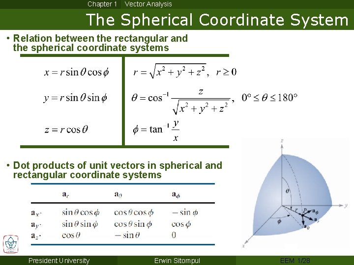 Chapter 1 Vector Analysis The Spherical Coordinate System • Relation between the rectangular and