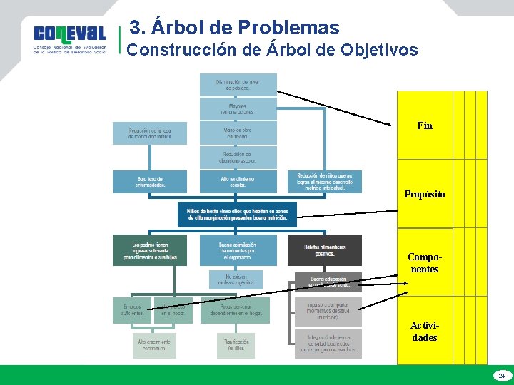 3. Árbol de Problemas Construcción de Árbol de Objetivos Fin Propósito Componentes Actividades 24